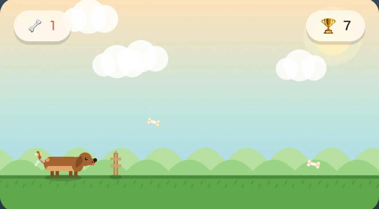 犬が骨を拾うゲームの試作画面。草原を犬が進み、骨が飛んでくる